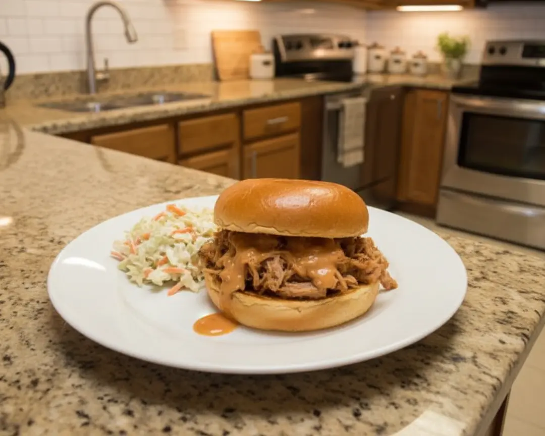 Holiday and Seasonal Crockpot for Two 7 summer crockpot pulled pork - one sandwich on a plain white dinner plate with pulled pork piled on a bun and coleslaw on the side, camera 35