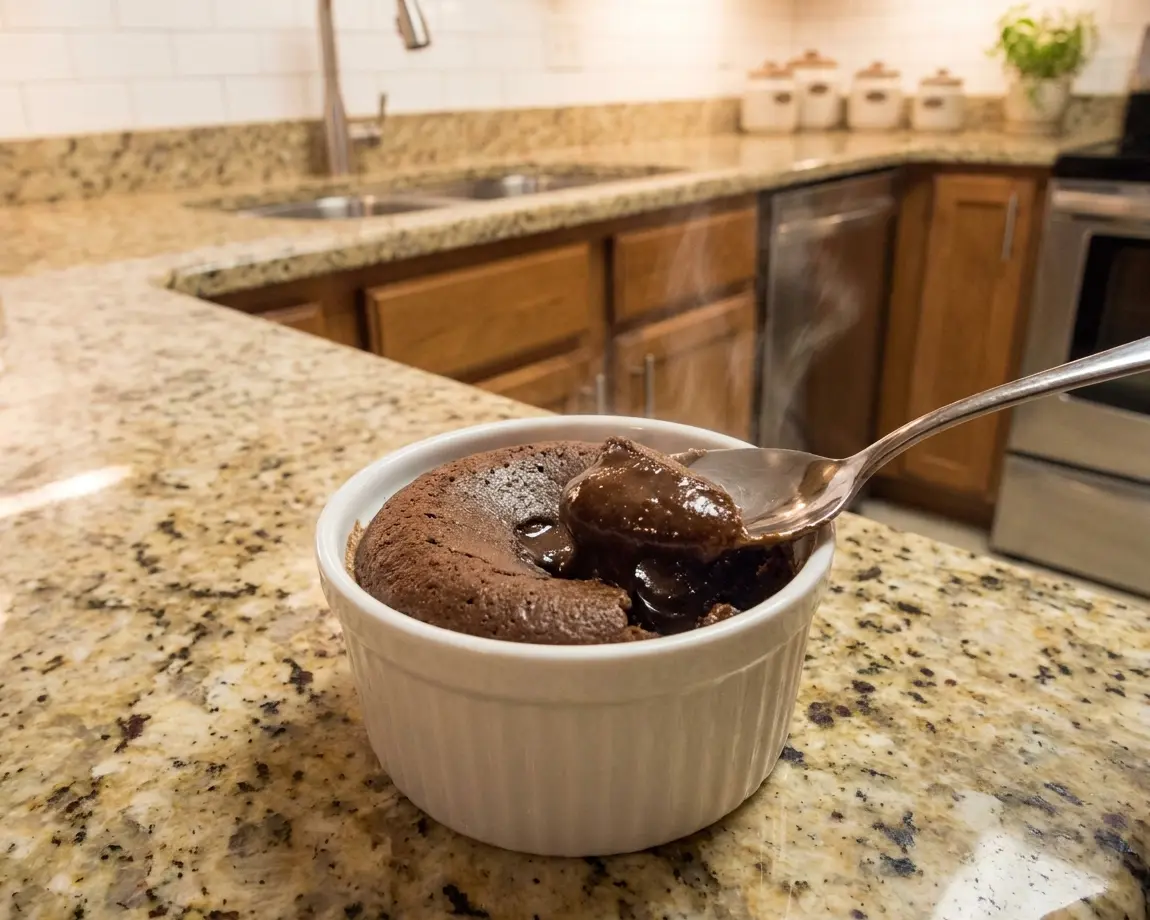 Complete Crockpot Meals for Two 7 chocolate lava cake in ramekin - close-up of one portion of chocolate lava cake in ramekin being spooned out, steam still rising, on the cou