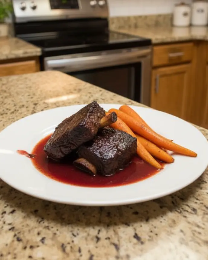 Holiday and Seasonal Crockpot for Two 8 winter crockpot short ribs - one plated serving on a plain white dinner plate with short ribs and roasted carrots, camera 35-40 degrees abov