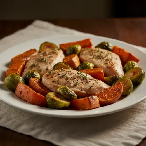 Beautiful plated Sheet Pan Thanksgiving Dinner for Two