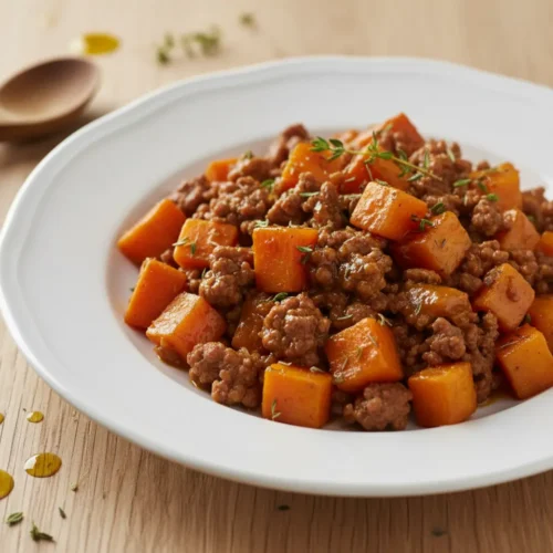 Beautiful plated Sweet Potato Ground Beef Recipe